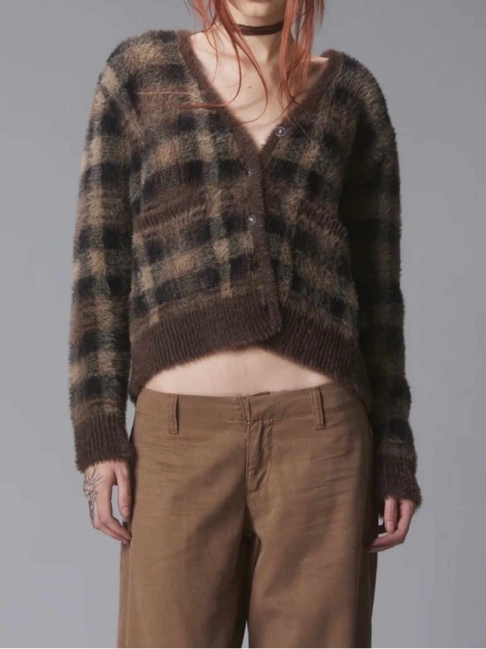 UNIF Ty Cardigan Brown Plaid Fuzzy Sweater Size S Acrylic 90s Y2K Grunge Style